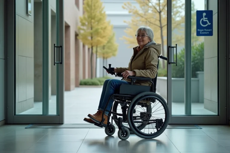 Femme en fauteuil roulant électrique franchissant une porte automatique accessible PMR dans un bâtiment public moderne