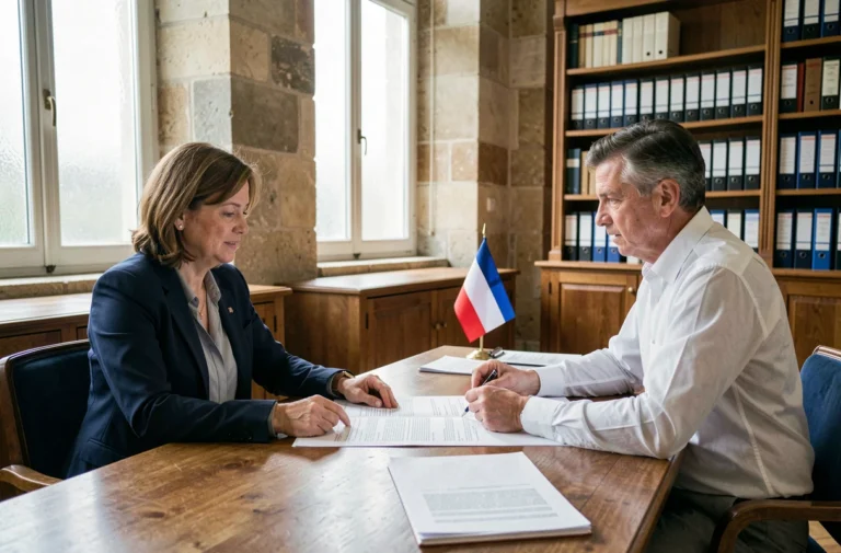 Une femme discute d'un projet d'achat immobilier avec un agent municipal dans un bureau de mairie, documents fonciers sur le bureau