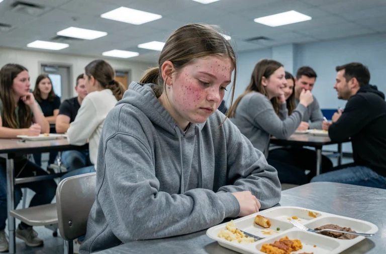 Adolescente à l'air mal à l'aise à la cafétéria scolaire, illustrant les difficultés sociales liées à un âge ingrat