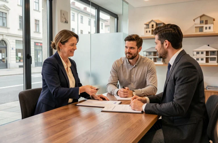 Agent immobilière suisse présentant des documents à un couple dans un bureau moderne d'agence immobilière