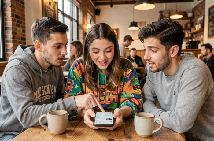 Groupe d'amis dans un café discutant de stratégies pour contacter une star sur Instagram