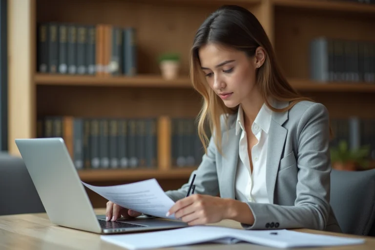Femme analysant un document imprimé dans un bureau moderne pour comprendre une nuance grammaticale entre deux mots proches
