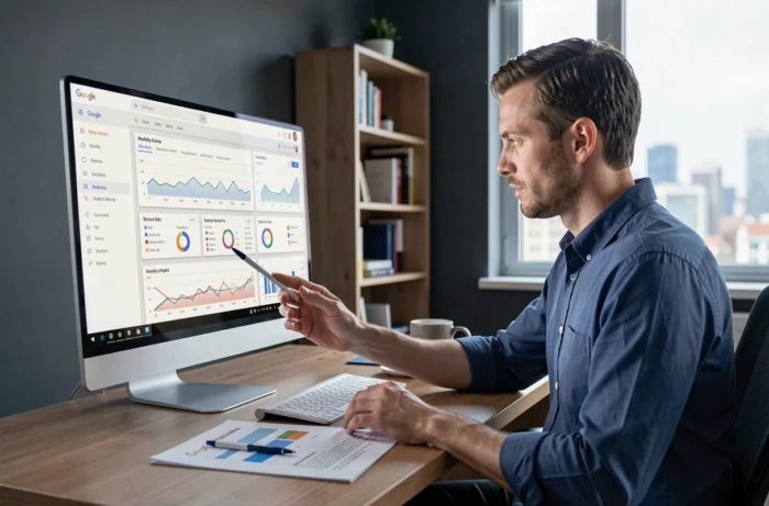 Blogueur analysant les statistiques mensuelles de trafic de son blog sur un tableau de bord Google Analytics