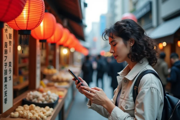 Voyageuse utilisant une application de traduction instantanée sur smartphone dans un marché de rue japonais