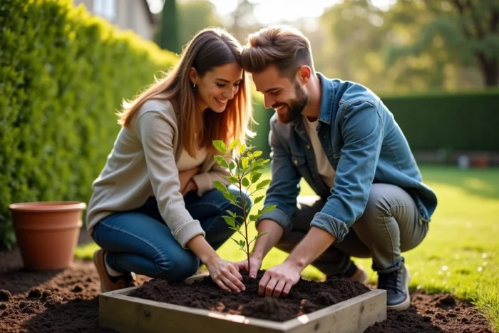 Couple de mariés plantant ensemble un jeune arbre dans un jardin ensoleillé, cadeau symbolique d'un arbre à planter