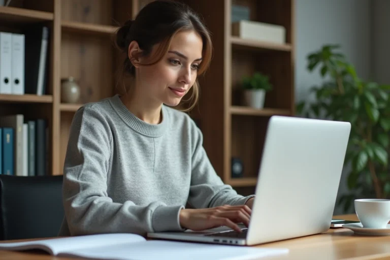 Auto-entrepreneuse du web consultant ses obligations juridiques sur son ordinateur dans un bureau à domicile