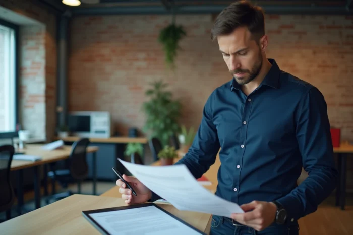Auto-entrepreneur examinant des documents administratifs et juridiques dans un espace de coworking moderne