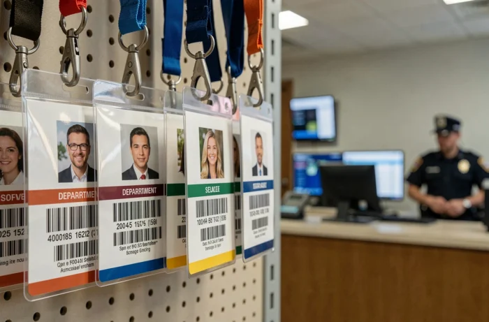 Badges d'accès professionnels accrochés sur un support sécurisé en salle de réception d'entreprise
