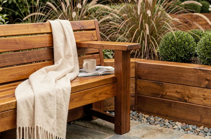 Banc de jardin en bois huilé intégré dans un muret avec plaid en laine et tasse de café, entouré de plantes ornementales