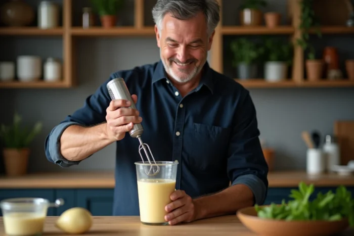 Homme utilisant un batteur électrique à main pour réaliser une mayonnaise maison dans une cuisine équipée