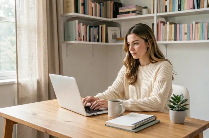 Jeune femme blogueuse lifestyle travaillant sur son ordinateur portable dans un bureau à domicile scandinave bien organisé