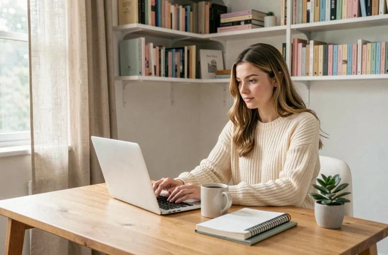 Jeune femme blogueuse lifestyle travaillant sur son ordinateur portable dans un bureau à domicile scandinave bien organisé