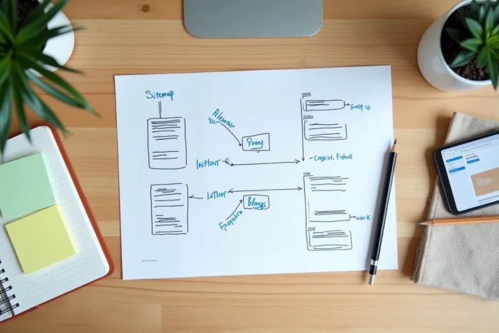 Vue aérienne d'un bureau avec un diagramme de sitemap imprimé annoté, des notes autocollantes et un smartphone affichant Google Search Console