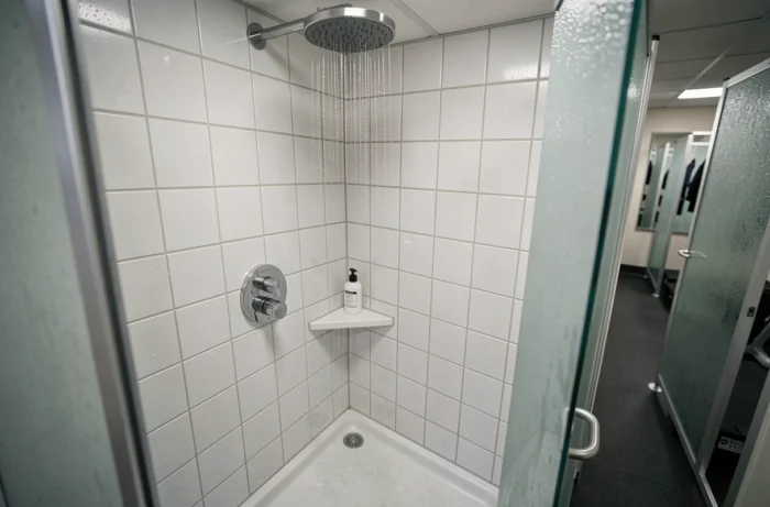 Cabine de douche individuelle équipée dans une salle de sport Basic Fit avec pommeau de douche pluie et accessoires chromés