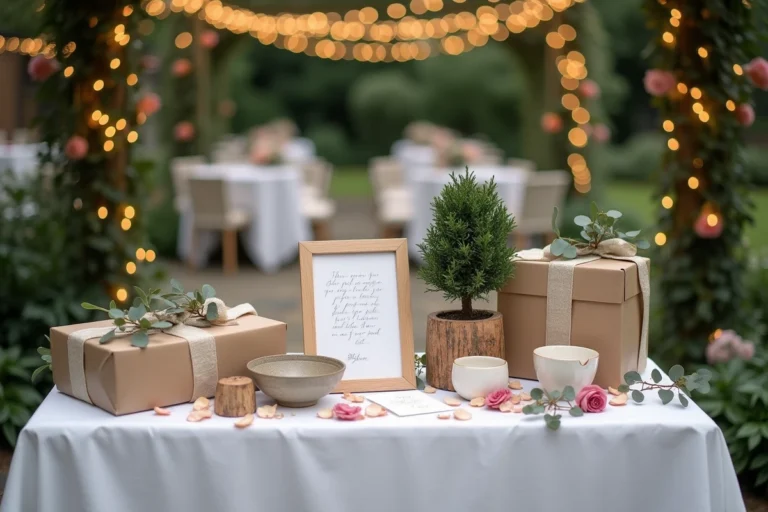Table de cadeaux symboliques lors d'un mariage en plein air, avec une variété de présents originaux et décorations florales