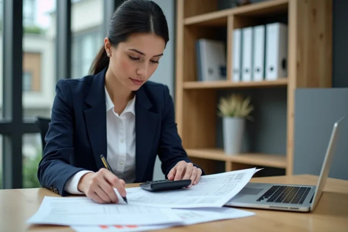 Femme professionnelle calculant le remboursement d'un crédit immobilier sur une calculatrice financière avec des tableaux d'amortissement imprimés sur un bureau en bois
