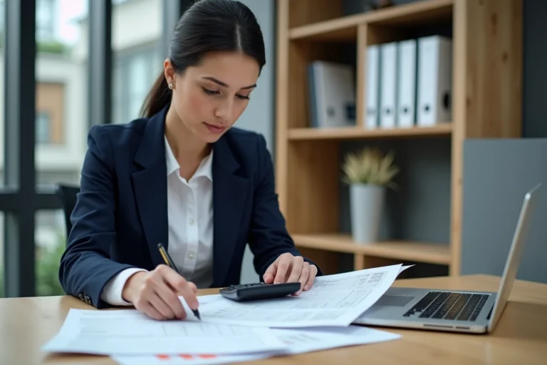 Femme professionnelle calculant le remboursement d'un crédit immobilier sur une calculatrice financière avec des tableaux d'amortissement imprimés sur un bureau en bois