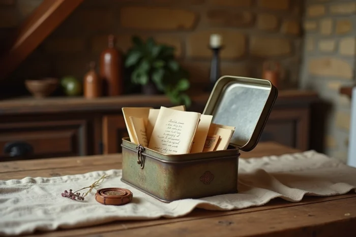 Capsule temporelle en métal vintage ouverte révélant des lettres manuscrites, une photo et une fleur séchée, cadeau symbolique de mariage
