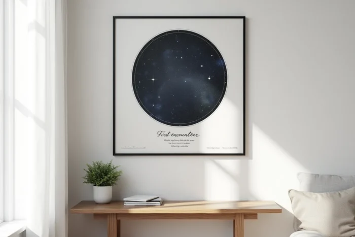Carte du ciel encadrée représentant la configuration des étoiles le soir de la rencontre du couple, cadeau symbolique de mariage