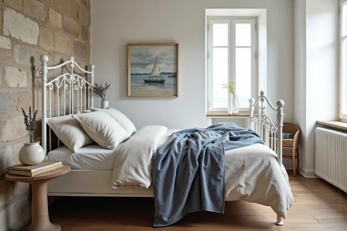 Chambre d'inspiration bretonne avec lit en fer forgé blanc, linge de lit en lin et mur en pierre apparente