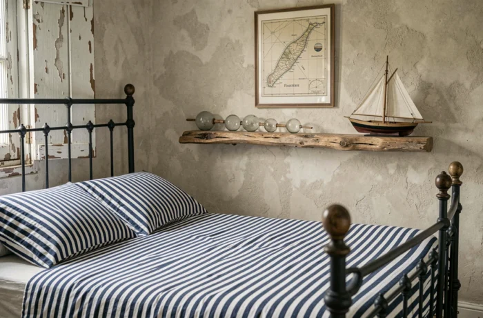 Chambre bretonne bord de mer avec lit en fer forgé, literie rayée marine et décoration nautique vintage au mur
