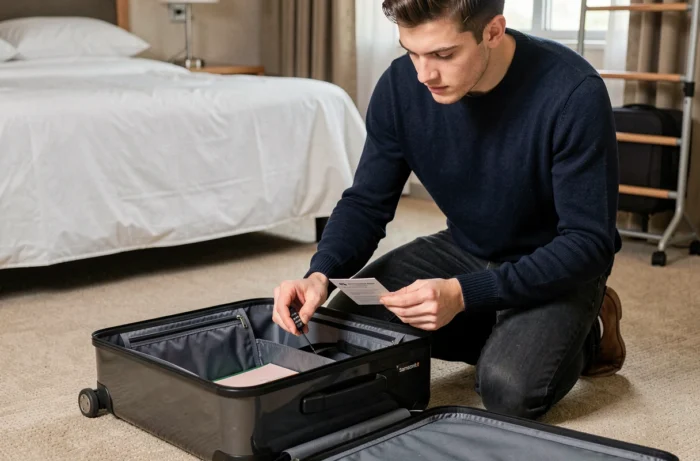 Jeune homme consultant la notice pour changer le code du cadenas TSA007 de sa valise Samsonite dans une chambre d'hôtel