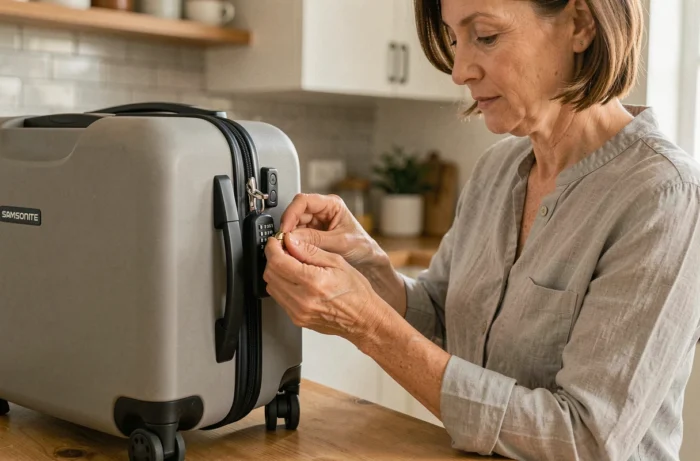 Femme changeant le code de cadenas TSA007 sur une valise Samsonite dans une cuisine moderne