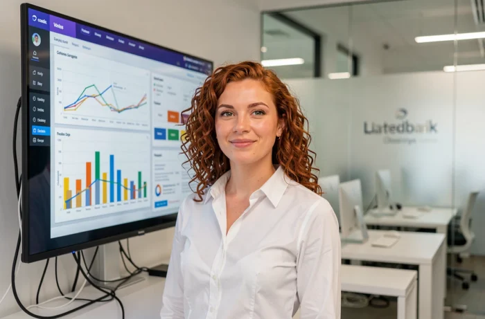 Cheffe de projet digitale présentant un tableau de bord d'analytics web sur grand écran tactile dans un espace startup moderne