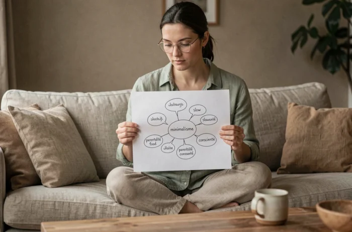 Femme tenant une carte mentale manuscrite pour choisir une sous-niche précise pour son blog lifestyle