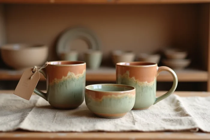 Coffret de céramiques artisanales faites main comprenant deux mugs et un bol avec glaçures naturelles, cadeau de mariage original