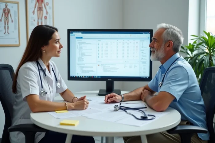 Deux professionnels de santé collaborant autour d'une plateforme de ressources médicales partagée dans un bureau clinique moderne