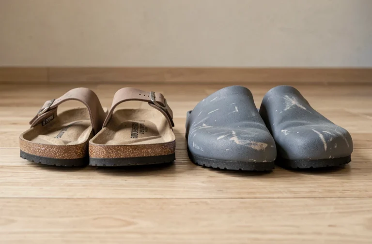 Comparaison côte à côte d'une sandale Birkenstock Arizona et d'une chaussure Billowy sur un parquet en chêne clair