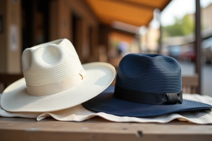 Comparaison côte à côte d'un chapeau blanc et d'un chapeau foncé pour choisir la meilleure protection solaire