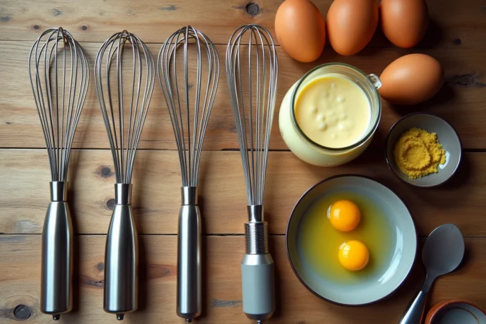 Vue aérienne de différents fouets et batteurs de cuisine posés sur une table en bois avec une mayonnaise maison et des ingrédients frais