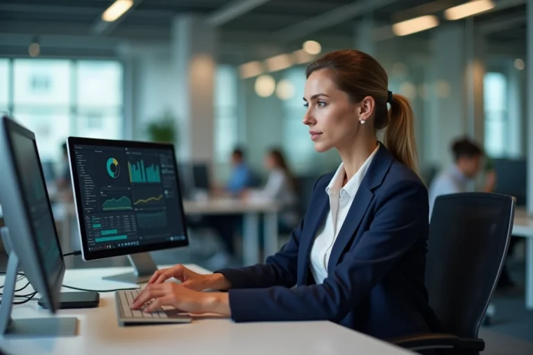 Femme d'affaires comparant deux logiciels de gestion bancaire professionnelle sur écran de bureau en open space