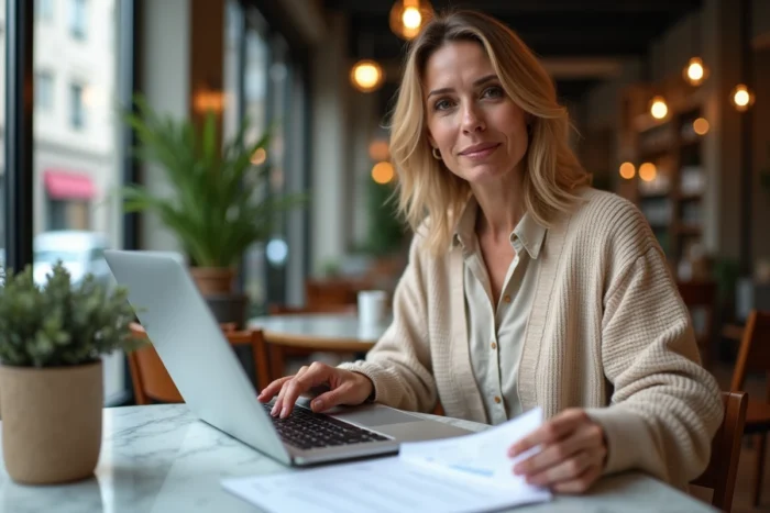Femme comparant un récapitulatif signé papier et un formulaire de candidature en ligne sur son ordinateur portable dans un café