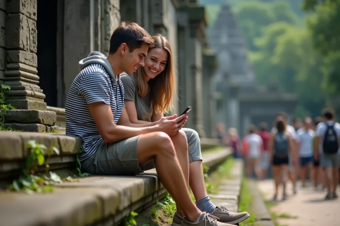 Deux voyageurs utilisant une application de traduction instantanée devant un temple en Asie du Sud-Est