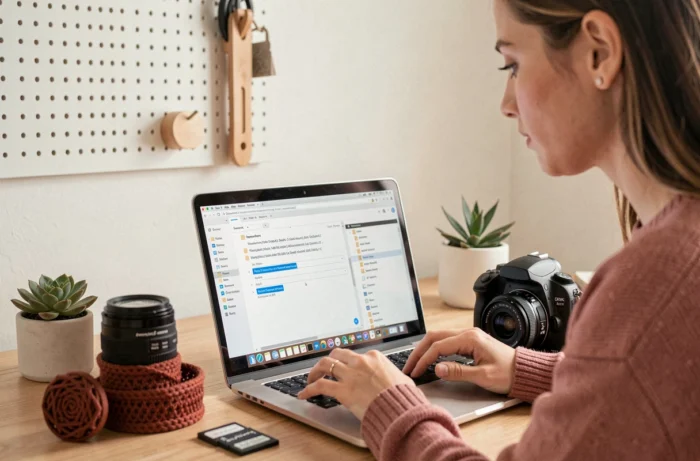 Blogueuse compressant et légendes ses images avec des noms de fichiers SEO optimisés sur son ordinateur