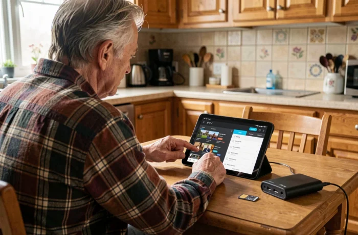 Homme configurant une application IPTV sur tablette avec un routeur portable et une carte SIM pour TV sans internet fixe