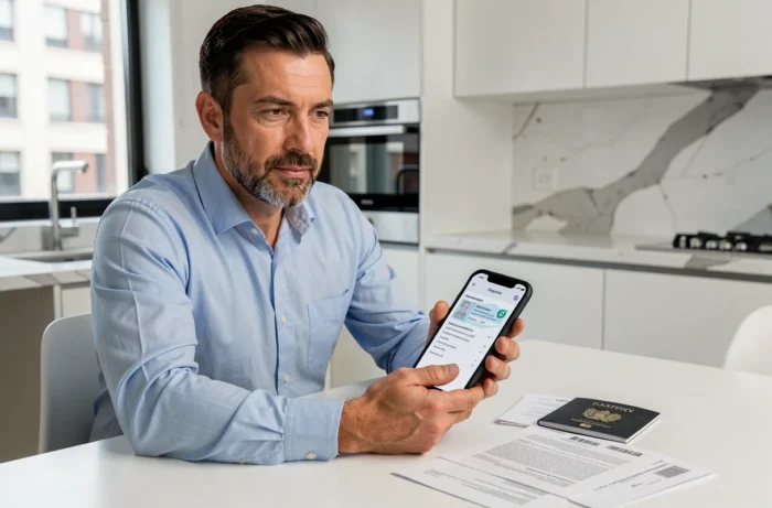 Homme consultant la confirmation de son visa électronique sur smartphone avec son passeport posé sur la table