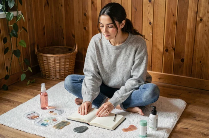 Jeune femme détendue entourée de produits de beauté naturels sur un tapis de bain dans une salle de bain cosy
