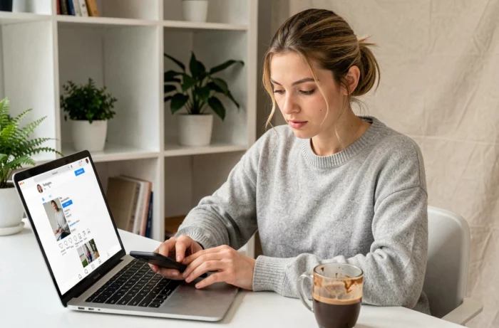 Jeune femme concentrée qui envoie un message à une star sur Instagram depuis son bureau à domicile