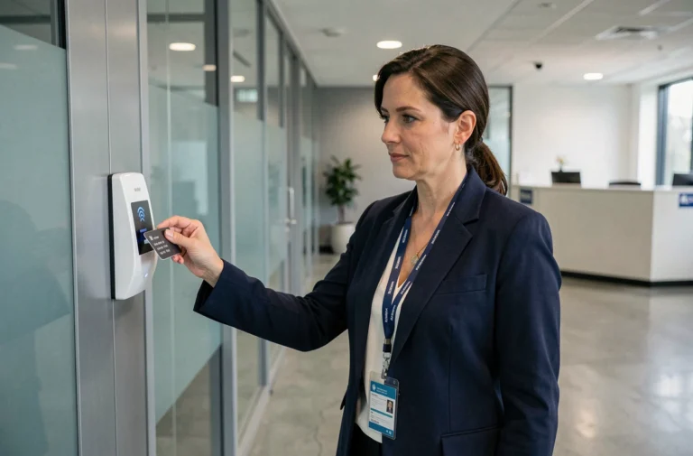Employée badgeant à l'entrée d'un bureau sécurisé avec un lecteur de badge RFID moderne