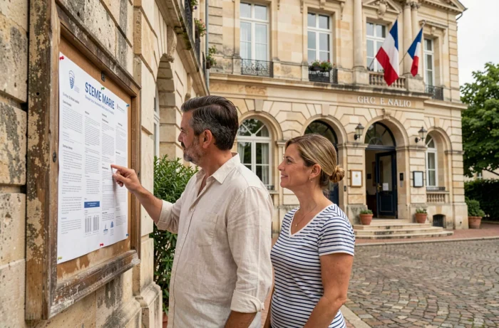 Un couple consulte les annonces foncières affichées devant une mairie française en pierre, façade administrative traditionnelle