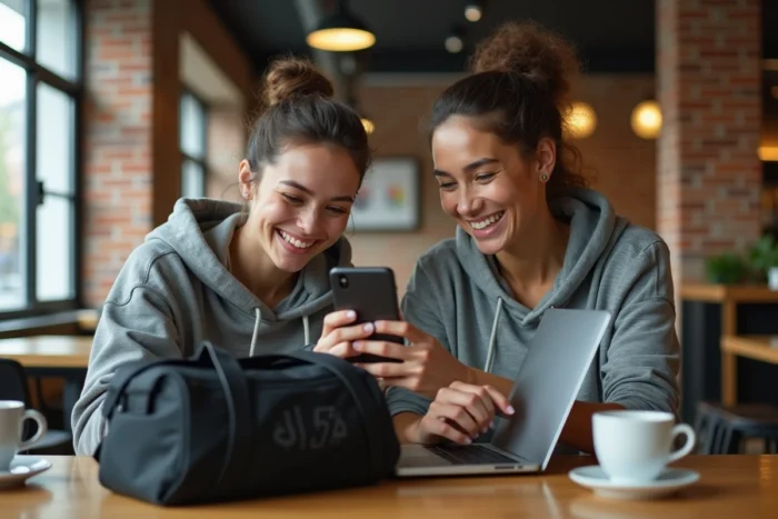 Couple découvrant une astuce pour obtenir un sac de sport Basic Fit offert sur smartphone dans un café