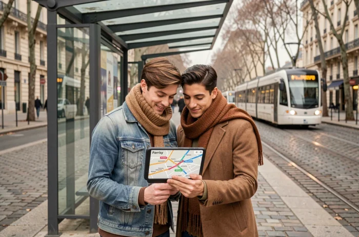 Couple consultant une carte numérique du réseau de tramway et transports parisiens à un arrêt