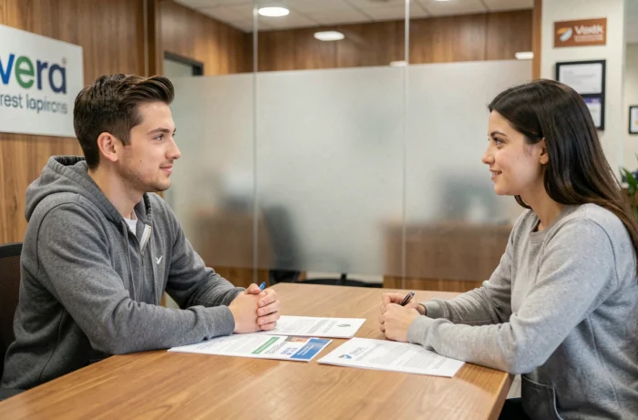 Couple discutant avec un conseiller bancaire pour optimiser leur gestion de crédit et d'épargne dans une agence bancaire moderne