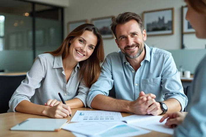 Couple en réunion avec un conseiller bancaire étudiant un tableau d'amortissement et les modalités de remboursement d'un prêt immobilier