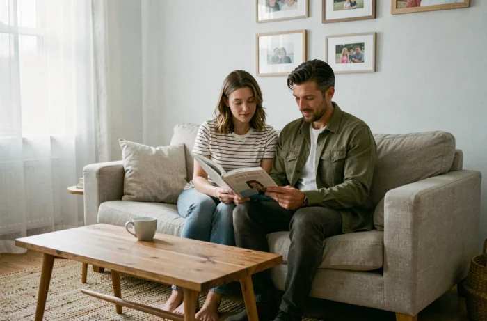 Couple de parents lisant un livre de conseils parentaux ensemble dans un salon cosy et bienveillant