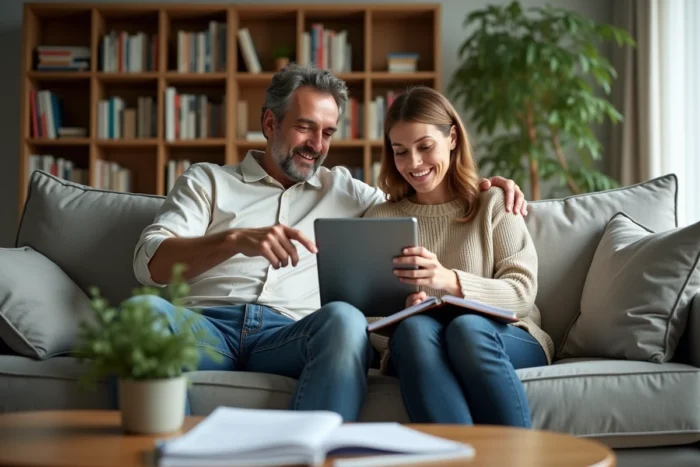 Couple de parents consultant ensemble une plateforme de conseils parentaux sur une tablette dans leur salon